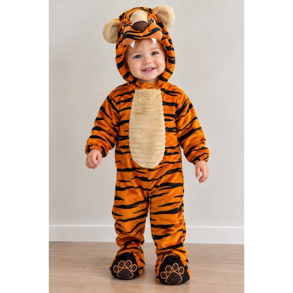Spirit Halloween Lil Tiger Costume Infant Toddler 12-18 Months Jumpsuit Hood 2pc